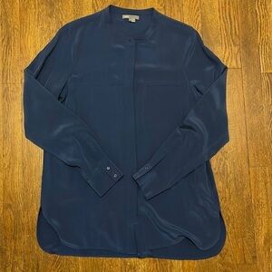 Vince Navy Blue 100% Silk Collarless Button Up